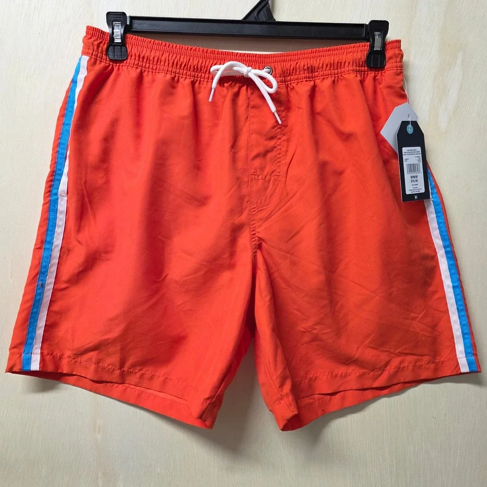 Hot Coals‎ Mens Orange Swim Trunks Quick Dry UPF 50+ Side Stripe Mesh Lining M